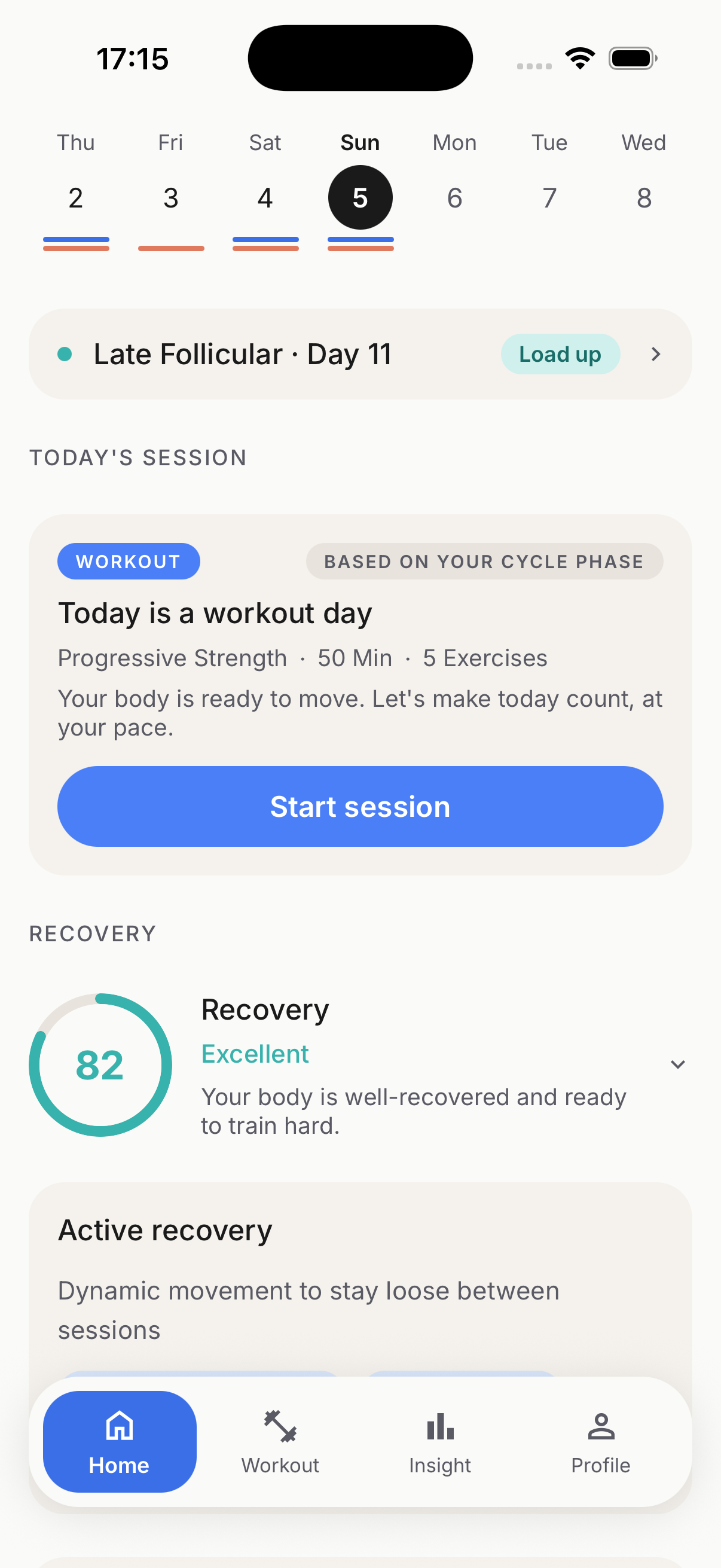 Cycla app home screen showing cycle-adapted workout
